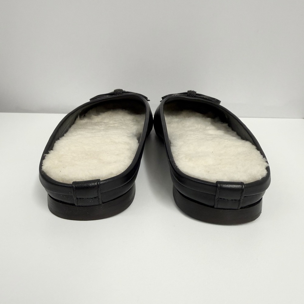 Brunello Cucinelli Leather & Sheepskin Mules Shoes Black Monili Bows 38 1/2 8.5B - Picture 7 of 11